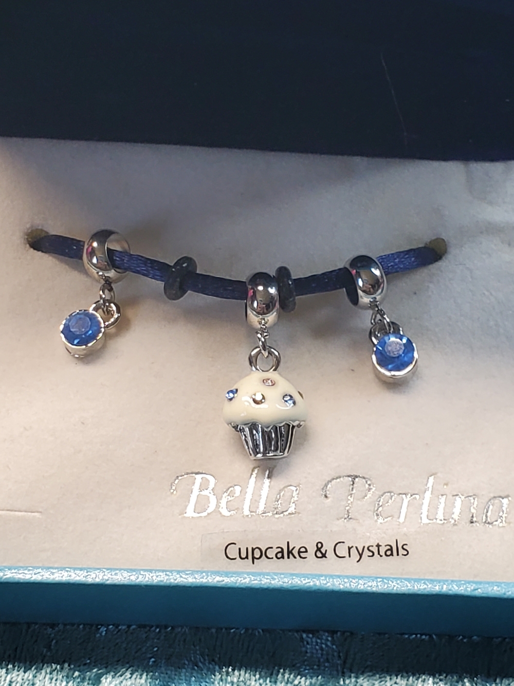 Bella Perlina Navy Cord Cupcake Charm Bracelet with Blue Crystals